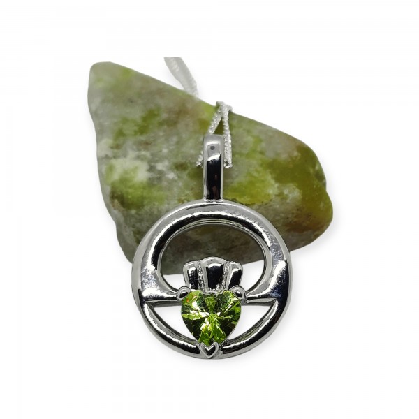 Silver Claddagh Necklace with Peridot CZ