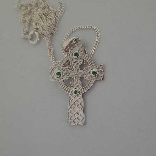 Silver Celtic Cross with Chain - Green Stone