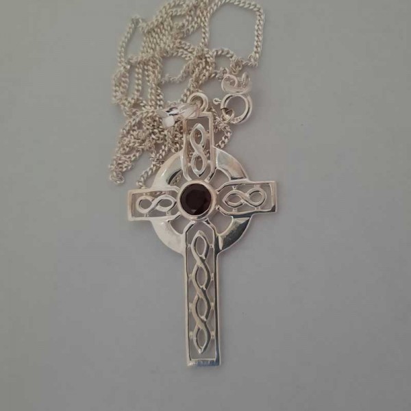 Silver Celtic Cross with Chain - Red Garnet CZ Stone