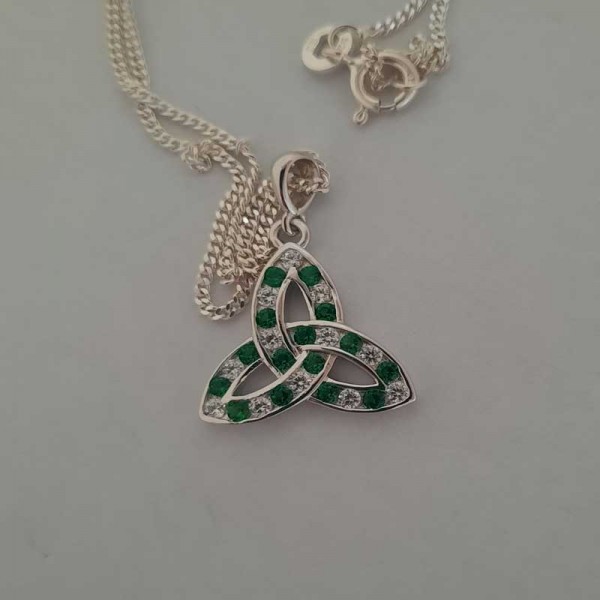 Silver Trinity Knot Pendant with Green And White Stones