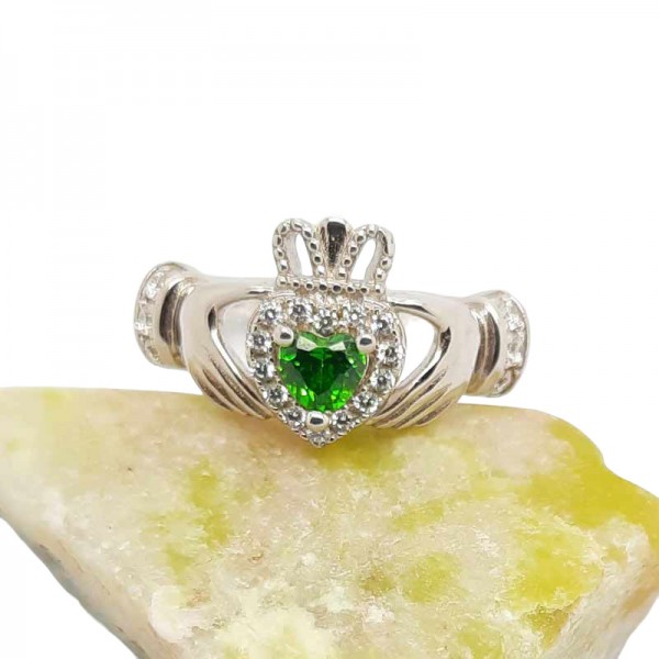 Irish Silver Claddagh Ring with Green and White CZ 