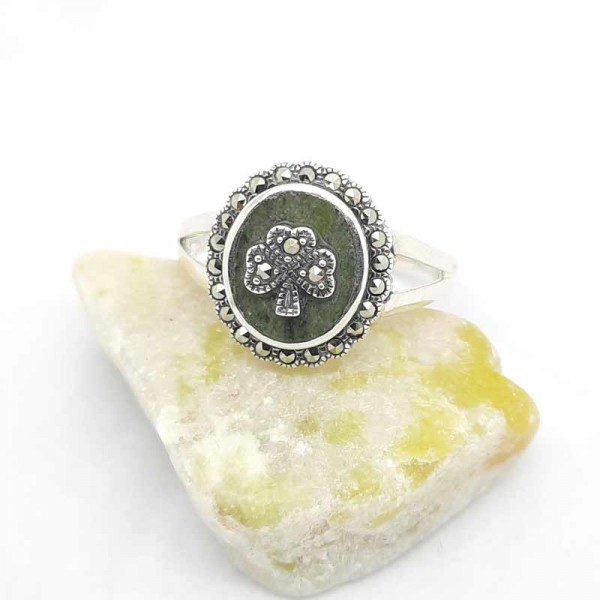 Irish Silver Ring with Connemara Marble Shamrock
