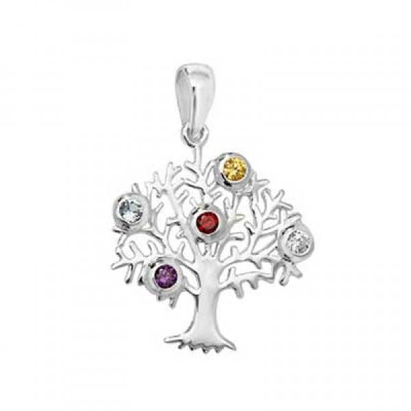 Tree of Life Silver Pendant - Coloured Stones