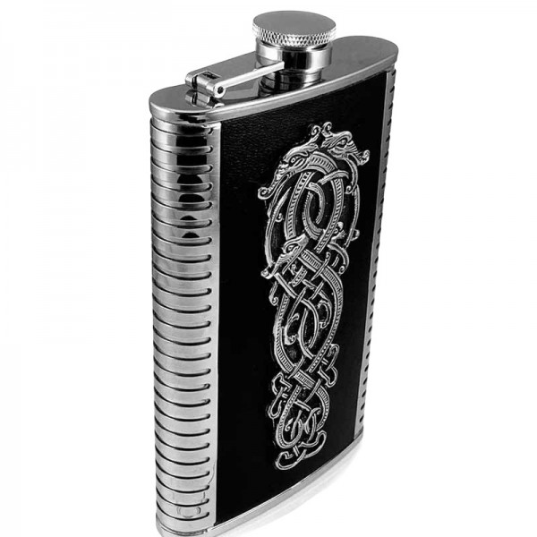 Irish Pewter Hip Flask - Steel and Leather - Large 9 oz