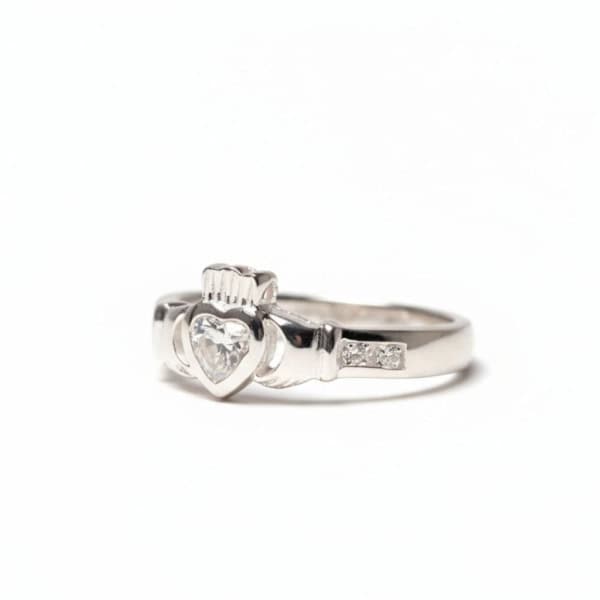 April – Sterling Silver Birthstone Claddagh Ring – White CZ - Irish Gifts