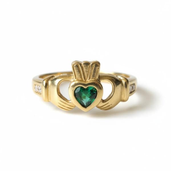 9ct Gold Claddagh Ring with Green CZ Heart and White CZ Accents - Irish Jewellery