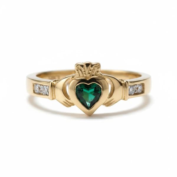 9ct Gold Small Claddagh Ring with Green CZ Heart - Irish Jewellery